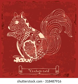 Hand drawn funny squirrel - illustration in zentangle style. Vector monochrome sketch on red pattern background with a banner