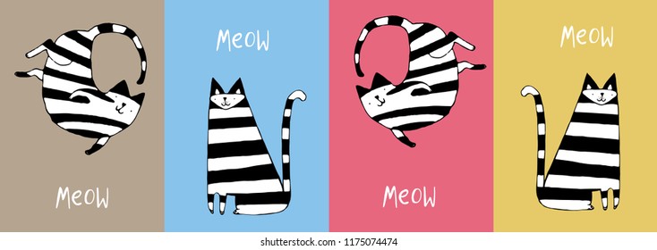 Hand drawn funny striped cat set.