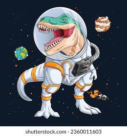 Handgezeichneter lustiger T Rex Dinosaurier mit Kosmonaut-Raumschiff, Astronaut T Rex über Rakete und Planeten