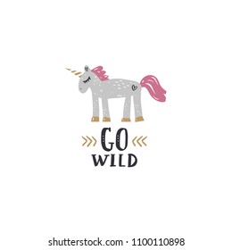 Hand drawn funny unicorn art, phrase. Vector, clipart, isolated details. Editable elements.