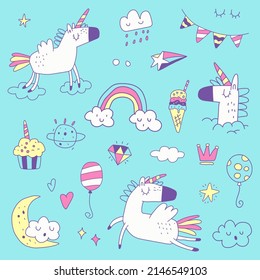 Hand drawn funny unicorn and element collection