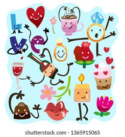 Hand drawn funny valentine characters. Cute set for valentine's day. Heart, candle, flower, lips, wine.