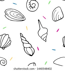 Hand drawn funny vector seamless pattern of seashells. Marine white background in sketchy style with multicolor elements. Perfect for cards, posters, prints, banners, summer shirts design