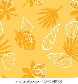 Hand drawn funny vector seamless pattern of seashells and tropical leaves. Marine yellow background in sketchy style. Perfect for invitations, greeting cards, posters, prints, banners, summer shirts