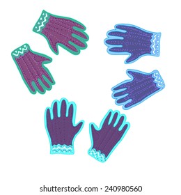 Hand drawn funny winter gloves. Knitted gloves. Vector illustration.