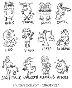 Hand drawn funny Zodiac signs, cartoon horoscope, doodles