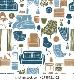 Hand drawn furniture, curtains, lamps and plants for the home.  Vector seamless pattern.