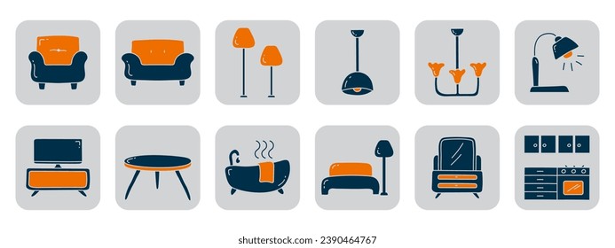 Diseño de iconos planos de muebles dibujados a mano. Colecciones de iconos del doodle de mobiliario.