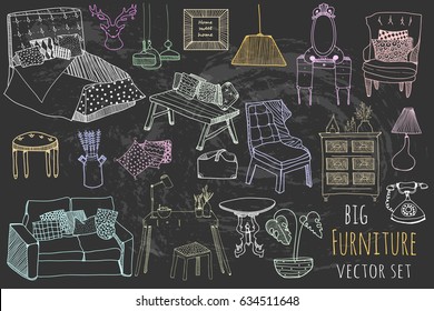 Hand drawn furniture. Graphic vector set. Chalk style. Big collection. Colored elements