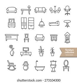 Hand drawn furniture icons collection: interior objects on white background