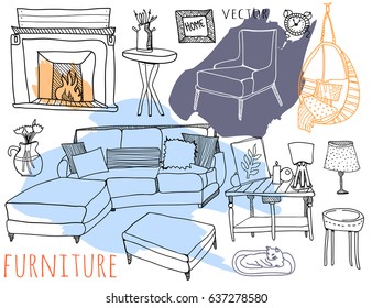 Hand drawn furniture. Living room elements. Colored graphic vector set