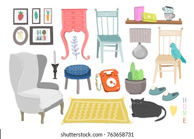 Hand drawn furniture and various interior objects. Colored vector set. All elements are isolated