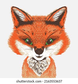 Hand drawn furry fox face. Vector illustration.