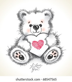 Hand drawn furry teddy bear with a heart in paws. Vector illustration.