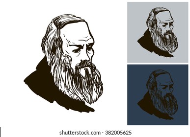 Hand drawn Fyodor M. Dostoevsky vector sketch inky portrait. Line art of great russian writer Dostoevsky. 