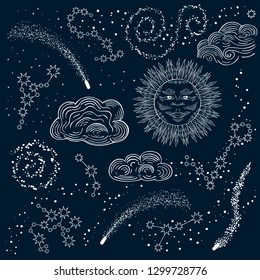 Hand drawn galaxy, stars and constellations with sun and clouds pattern. Zodiacs in the night cloudy sky. Vector isolated cosmic illustration.