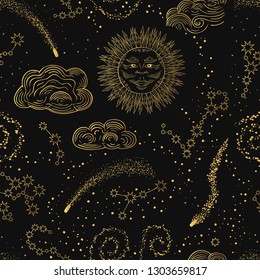 Hand drawn galaxy, stars and constellations with golden sun and clouds seamless pattern. Zodiacs in the gold night cloudy sky. Vector isolated cosmic illustration.