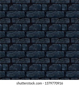 Hand drawn game cartoon seamless texture pattern. Aged detailed dark brick wall with chips and cracks. Сan be used as a texture for a 3D model, game tile or background. Front view.