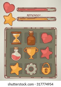 hand drawn game design elements and objects in doodle style