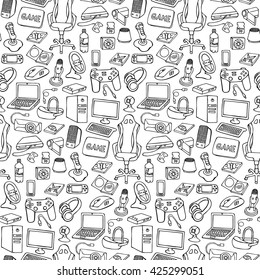 Hand drawn gamer seamless pattern with doodle elements on white background. Gadgets wallpaper