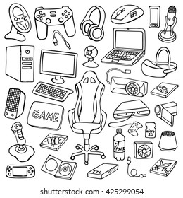 Hand drawn gamer set with doodle elements on white background. Gadgets collection