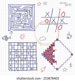 Hand drawn games in notepad. Vector eps10.