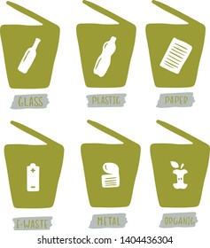 Hand drawn garbage cans for sorting waste. Vector set.