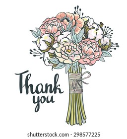 Hand drawn garden floral Thank you card. Hand drawn vintage collage frame with roses, cotton, peony. Vector greeting design