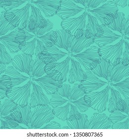 Hand drawn garden flover, blueprint line art. Vector seamless pattern, two color pattern tile, blue and turquoise. 