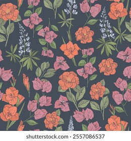 Hand drawn garden flowers background. Camellia, lupin, gladiolus, bougainvillea