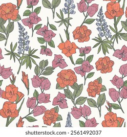 Hand drawn garden flowers background. Camellia, lupin, gladiolus, bougainvillea	