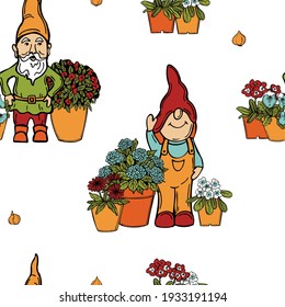 Hand drawn garden flowers and gnomes on white background.  Vector  seamless pattern. 