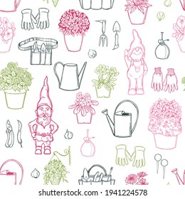 Hand drawn garden flowers and gnomes on white background.  Vector  seamless pattern. 