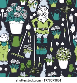 Hand drawn garden flowers and gnomes. Vector  seamless pattern. 