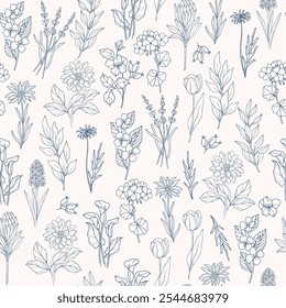 Hand drawn garden flowers and plants background