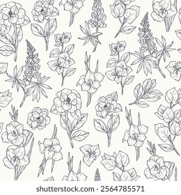 Hand drawn garden flowers seamless pattern. Camellia, lupin, gladiolus, bougainvillea