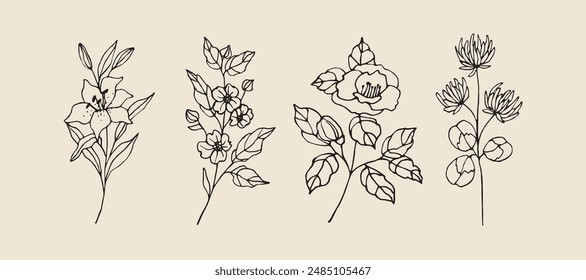 Hand drawn garden flowers set. Lily, dogwood, camellia, clover