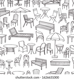 Hand drawn garden furniture.  Vector seamless pattern.