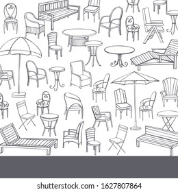 Hand drawn garden furniture. Vector  background. Sketch illustration.