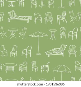 Hand Drawn Garden Furniture. Vector  Seamless Pattern