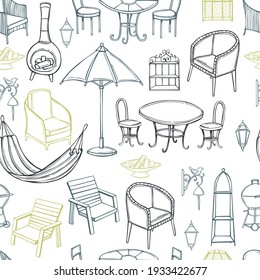 Hand drawn garden furniture. Vector  seamless pattern. 