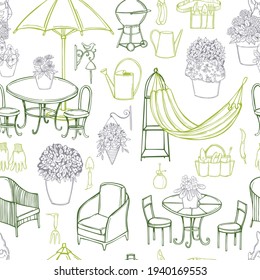 Hand drawn garden furniture. Vector  seamless pattern. 