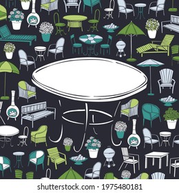 Hand drawn garden furniture. Vector background. Sketch illustration.
