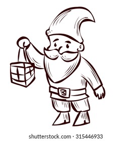 Hand drawn garden gnome with lantern in hand. Cartoon vector illustration.