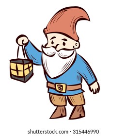 Hand drawn garden gnome with lantern in hand. Cartoon vector illustration.