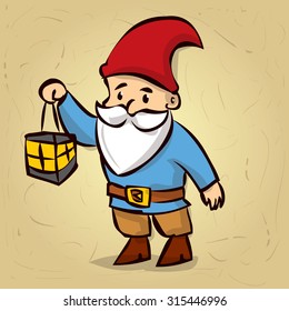 Hand drawn garden gnome with lantern in hand. Cartoon vector illustration.
