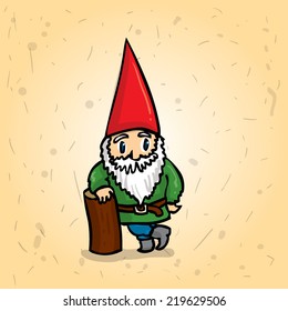 Hand drawn garden gnome leaning on the bar of wood. Cartoon vector illustration.