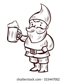 Hand drawn garden gnome with a mug of beer in his hand. Cartoon vector illustration.