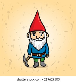 Hand Drawn Garden Gnome With A Pick In His Hand. Cartoon Vector Illustration.