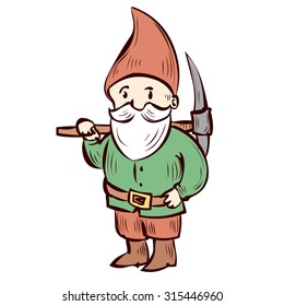 Hand drawn garden gnome with a pick. Cartoon vector illustration.